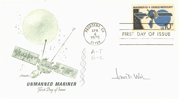James Watson Autographed Unmanned Mariner First Day Cover with Double Helix Drawing (Beckett PreCert)